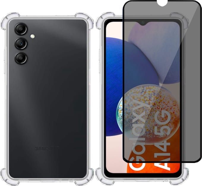 Hoesje geschikt voor Samsung A14 5G + Privé Screenprotector – Privacy Tempered Glass - Case Transparant