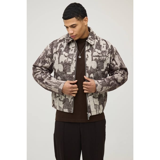 Boxy Fit Getextureerde Jacquard Harrington Jas | Brown | Size Medium