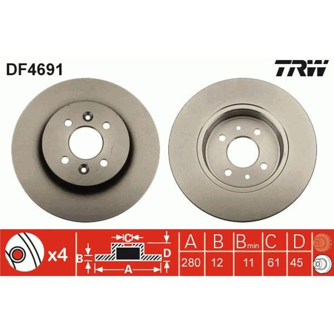 Remschijf TRW DF4691 achter, volledig, 1 Stuk
