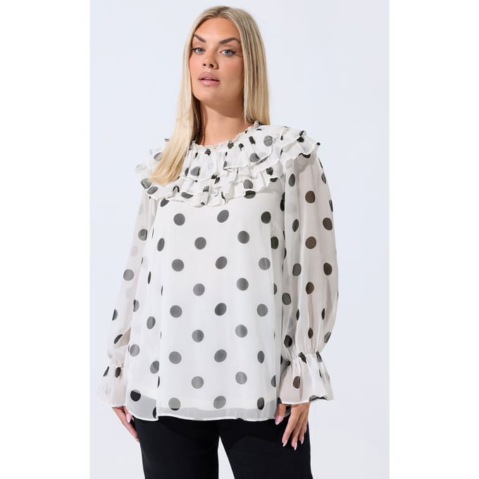 Limited Collection Witte Blouse Met Polka Dot En Volantkraag Size 46