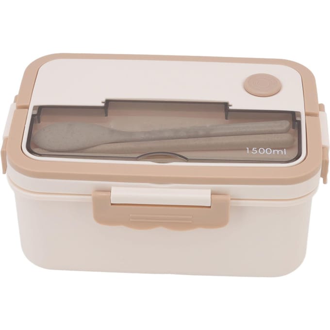 Boîte à déjeuner 1500ml Plastique résistant à la chaleur Boîte Bento Récipients à déjeuner portables avec baguettes cuillère beige