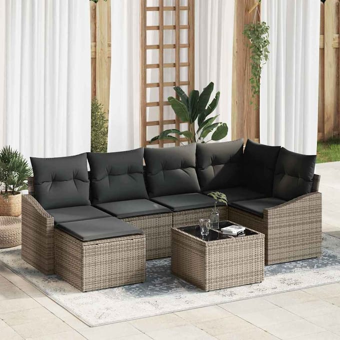 vidaXL Tuin Eetset 7 st Lichtgrijs Poly Rattan en Poedergecoat Staal