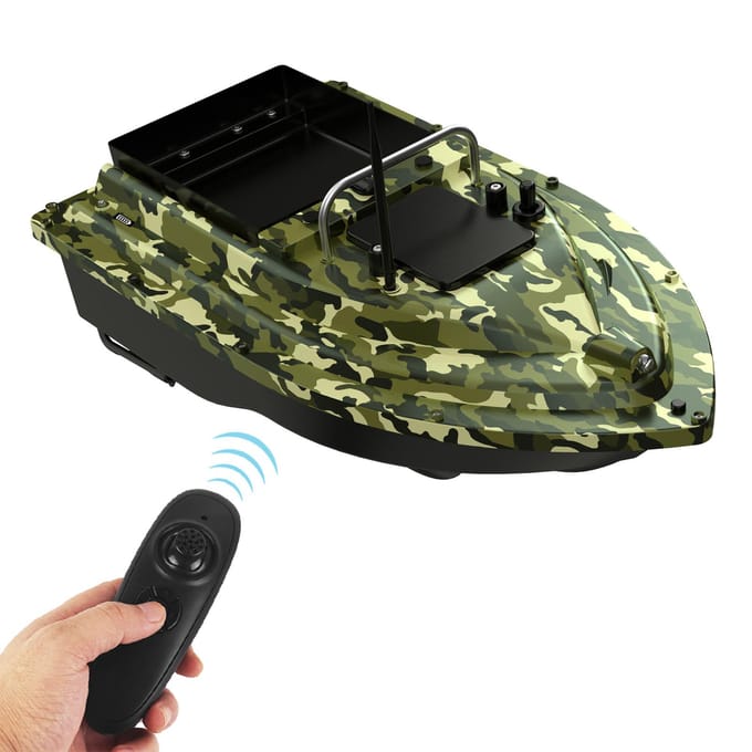 Bateau d'appât de pêche télécommandé sans fil, dispositif de recherche de poissons, mangeoire de pêche, télécommande de 430 à 540 yards 5200mAh camouflage