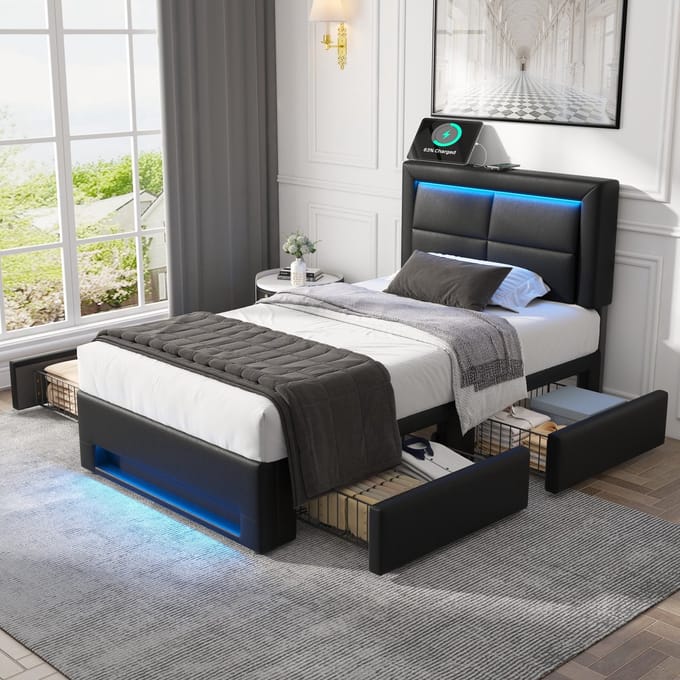 Gestoffeerd Bed - 90x190 cm - Met USB, LED en 4 Lades - PU - Zwart