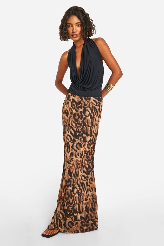 boohoo Dames Hoge Chiffon Luipaard Maxi Rok | Brown | Maat: 8