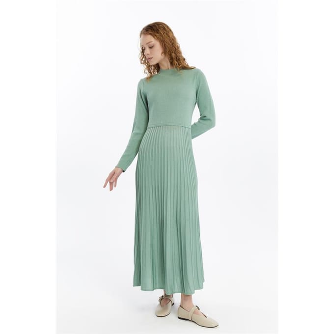 Dames Geplooide Rok, Thin Seasonal Cold Yarn Gebreide kleding Jurk, Almond Groen