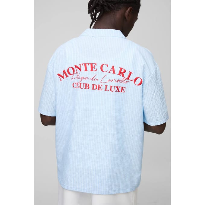 Oversized Geborduurd Gestreept Seersucker Revere Shirt | Light Blue | Size Medium
