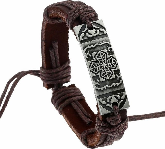 Fako Bijoux® - Leren Armband - Leder - Plate Kruis - Bruin