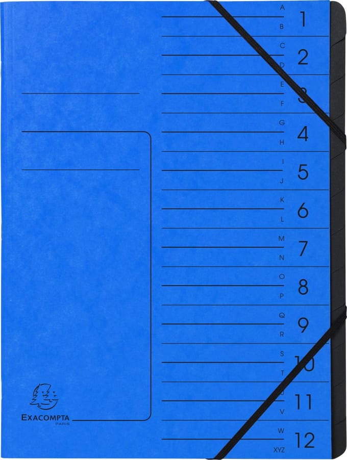 Exacompta 10x Sorteermap met vaste rug - elastosluiting - zwarte binnenafwerking - 12 vakken - A4 - Blauw - 541202E