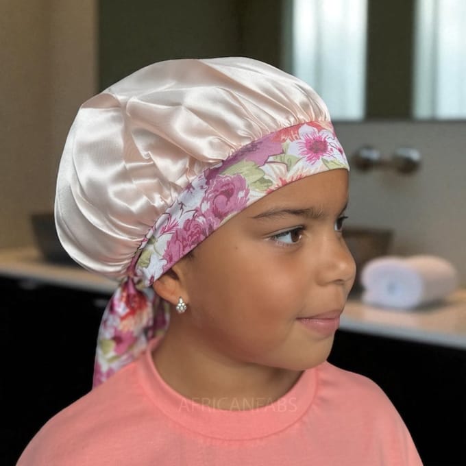 Bloem Satijnen slaapmuts met bandjes (kinderen / kindermaat 3-7 jaar) (Kinder Haar Bonnet) – AfricanFabs®