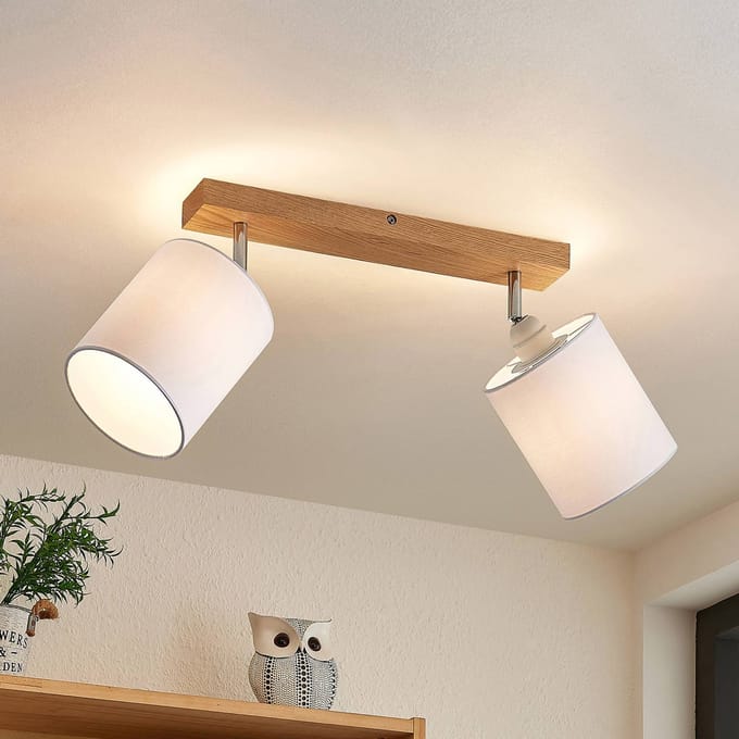 Lindby - buitenspot - 2lichts - Eikenhout, textiel - H: 26 cm - E27 - licht hout, wit