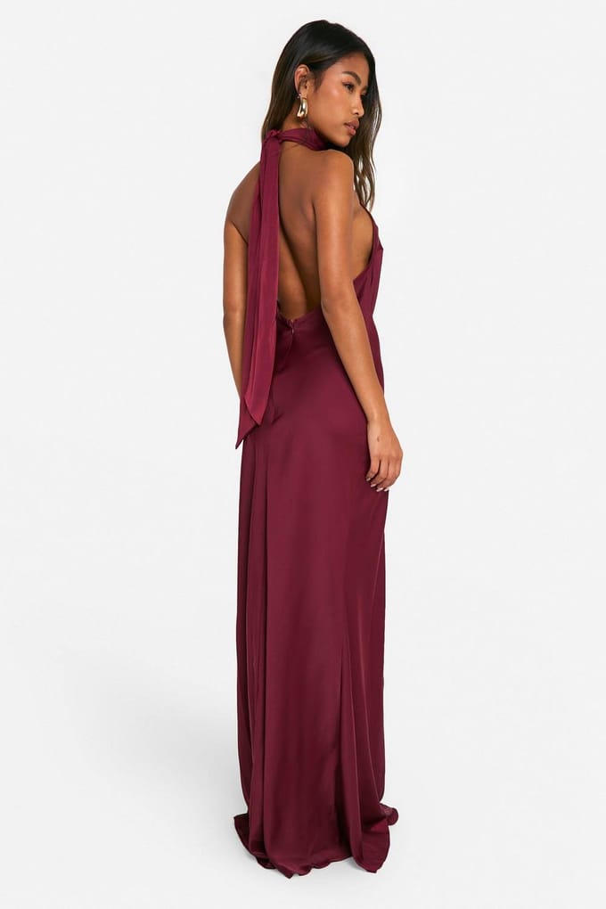 boohoo Dames Satijnen Halterneck Maxi Jurk | Wine | Maat: 16