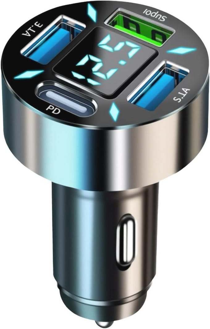 USB C Autolader met 4 Poorten en LED Voltmeter - Snellader 50W QC3.0 & PD voor Telefoon en Tablet