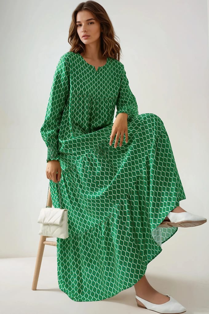 Geprinte Korte Mouw Viscose Maxi Jurk