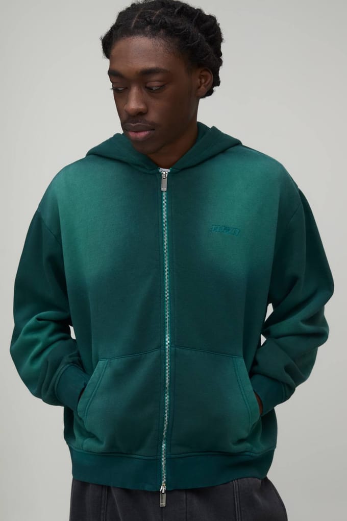 Oversized Boxy Spray Wash Man Embroidered Double Ended Zip Through Hoodie | Green | Size Medium