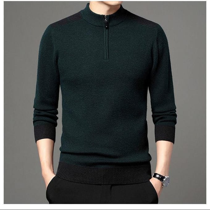 Heren Extra Dikke Warme Jas Halve Hoogte Rits Gebreide Pullover Contrasterende Kleur Trui Winter Casual Top 4XL donkergroene kleur