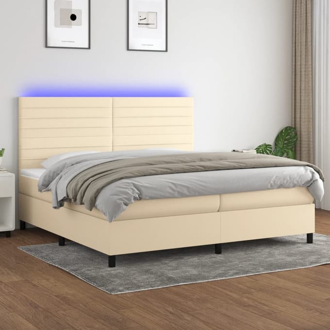 vidaXL - Boxspring - met - matras - en - LED - stof - crèmekleurig - 200x200 - cm