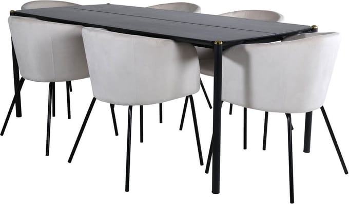 Pelle eethoek eetkamertafel zwart en 6 Berit eetkamerstal velours beige.