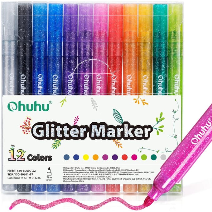 Ohuhu - Glitter Metallic Marker Pens - 3.0 mm – set van 12