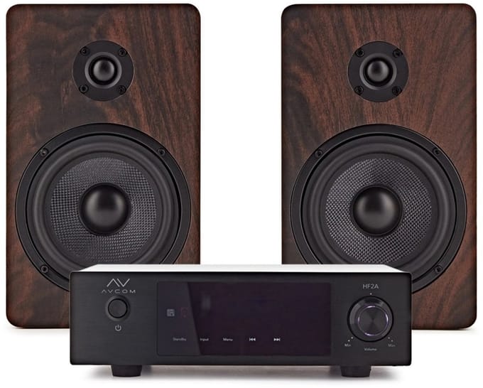 AVCOM Solid State Amplifier with 5 Passive Speakers, Walnut