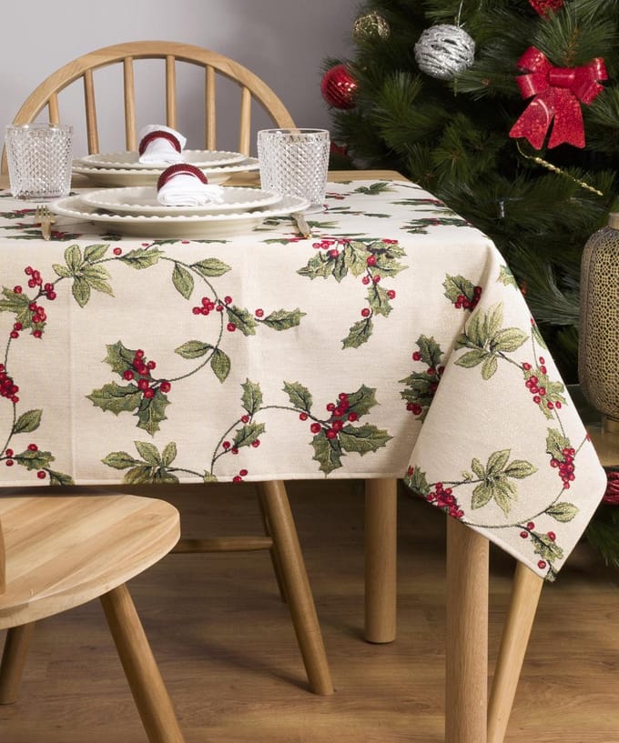 Tafelkleed - Luxe gobelinstof - Mistletoe - Kerst - Hulst - Vierkant 100 x 100 cm