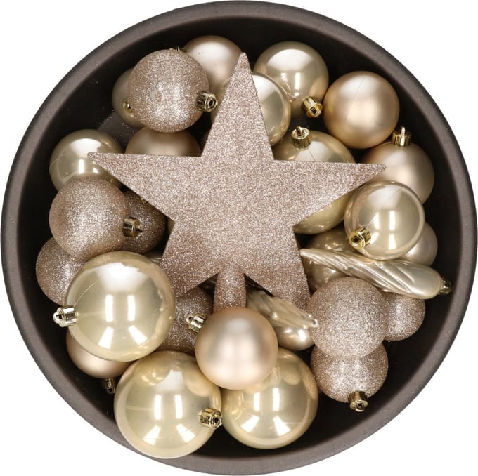 Decoris kerstballen pakket - Met piek - 33 stuks - Champagne