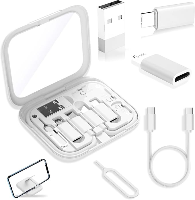 Oneay USB C naar USB A Adapter USB-C Reisadapterset voor iPhone, Pixel & Galaxy: USB-A naar C, Micro-USB naar C, Type-C naar Lightning, Korte USB-C-kabel, OTG, Spiegelhoesje - Wit