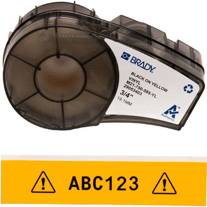 Brady 142811, Zwart, Geel, Zelfklevend printerlabel, Acryl, Vinyl, Thermo transfer, Permanent, Mat