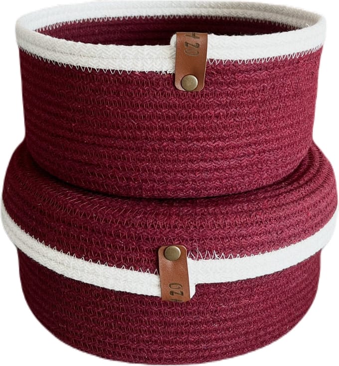 OZ Home - 2-delige Mandenset met Deksel - Bordeaux Rood/Wit - Duurzaam & Functioneel - Voor Compacte Opslag en Decoratie