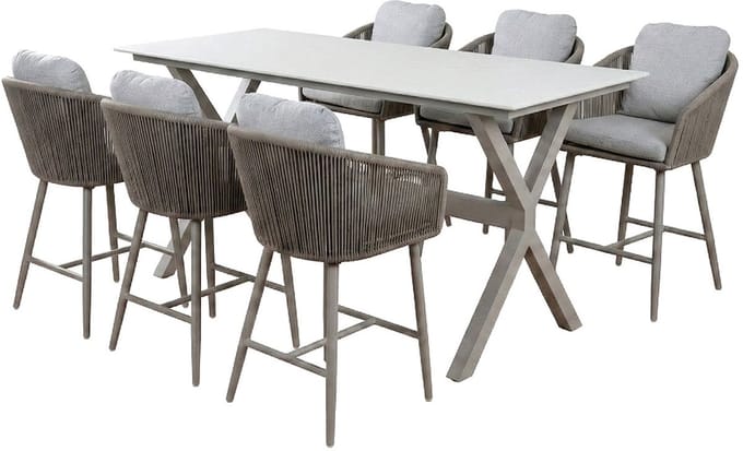 7-delige barset | 6 barstoelen Alezio (Latte/Camel) | Bartafel Barletta 200x75cm (Sandstone/Camel)