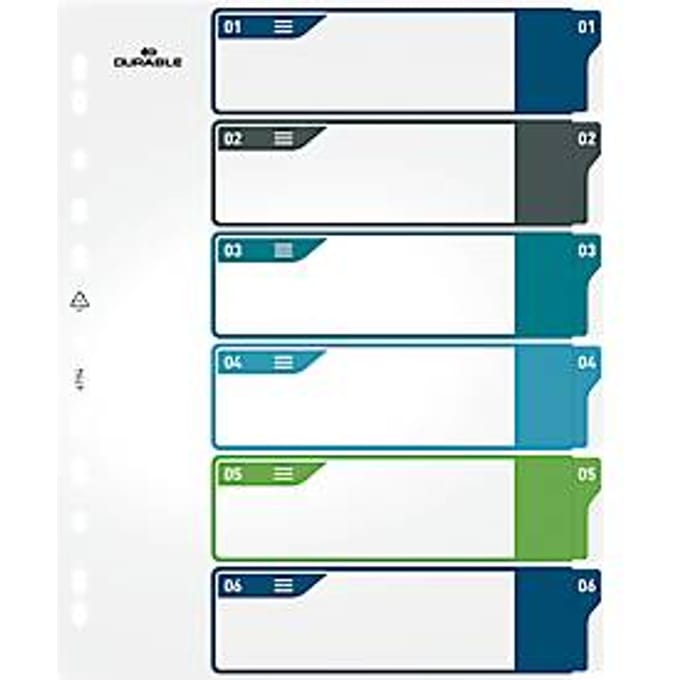 Duurzame index, 6-delig, DIN A4+, indexblad, computerbeschrijfbare index, met gekleurde tabbladen