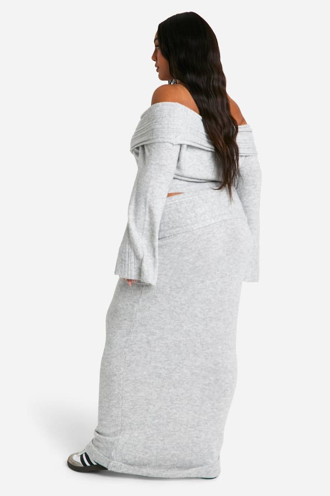 boohoo Dames Plus gebreide maxi-rok met ribrand en vetersluiting | Grijs | Maat: 44-46