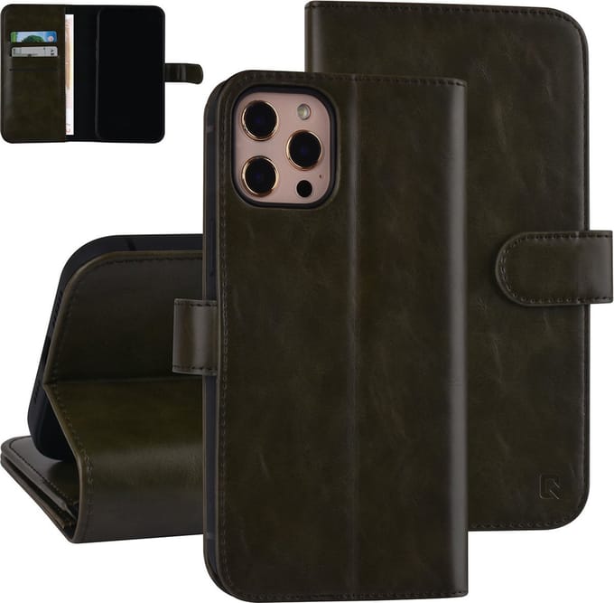 UNIQ Accessory iPhone 12 Pro Max Leren Book Case hoesje - DonkerGroen - Pasjeshouder voor 6 pasjes - Magneetsluiting