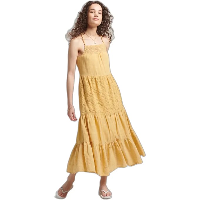 Superdry Vintage Lace Cami Maxi Mouwloze Jurk Geel L Vrouw