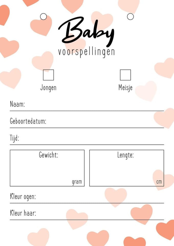Babyshower invulkaarten | voorspellingskaarten | 15 stuks | inclusief 2 inbindringen