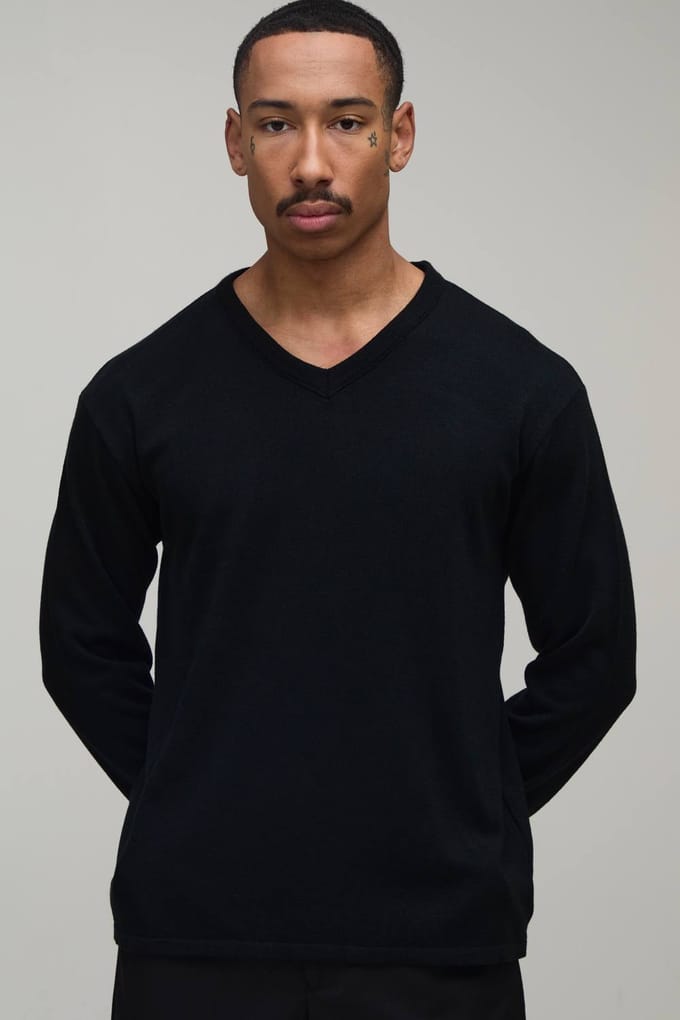 Gebreid T-shirt Met V-hals En Zachte Touch In Regular Fit | Black | Size Medium
