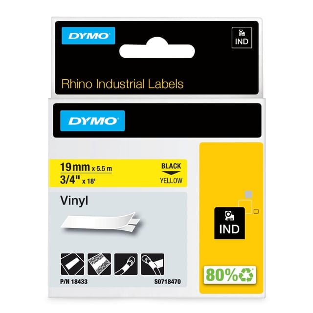 DYMO Rhino industriële Vinyl Labels | 19 mm x 5,5 m | zwarte afdruk op geel | zelfklevende labels voor Rhino & LabelManager labelprinters