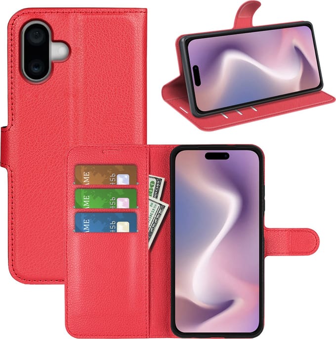 MobyDefend Hoesje - Geschikt voor iPhone 16 - Kunstleren Wallet Book Case (Sluiting Voorkant) - Rood