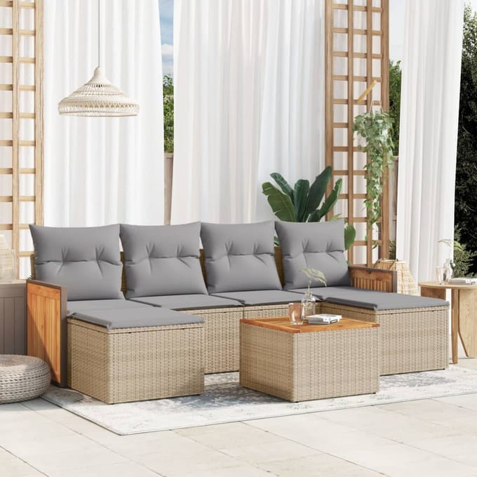 vidaXL - 7-delige - Loungeset - met - kussens - poly - rattan - beige