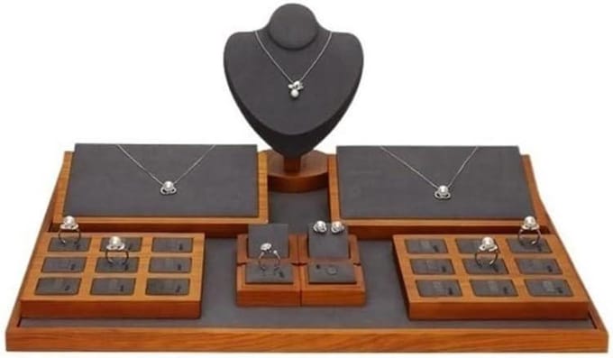 Sieradenrek Set - Display Rek - Sieraden Presentatie - Hout Fluweel - 10 Delig - Naturel
