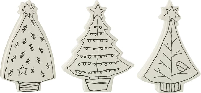 J-Line decoratie Kerstboom dolomite - keramiek - wit/zwart - 3 stuks