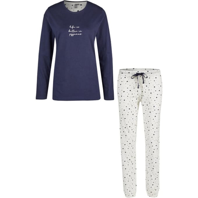By Louise Dames Pyjama Set Lang Blauw Hartjes Print - Maat L
