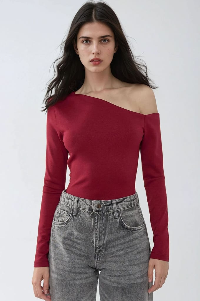 Asymmetrische Hals Lange Mouw Slim Fit Top