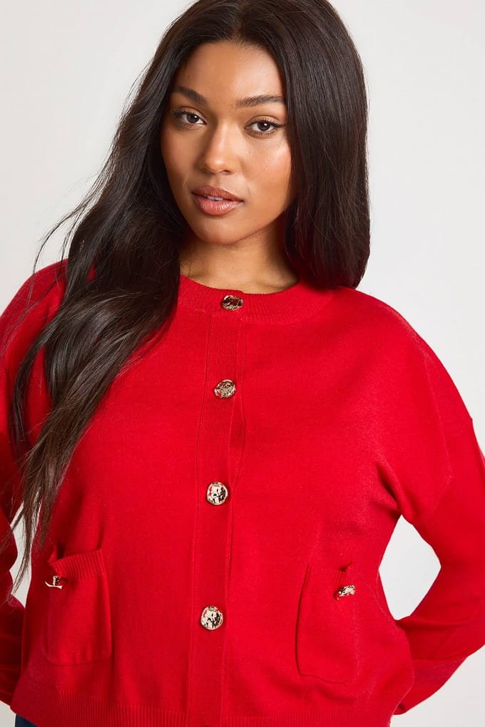 boohoo Dames Plus geribbelde gebreide cardigan met knopen | Rood | Maat: 56