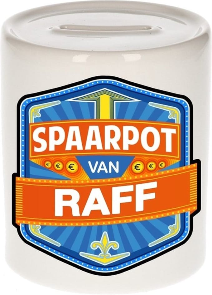 Bellatio Decorations Kinder spaarpot met naam - Raff - keramiek - met dop - wit - Sparen - Spaargeld van Raff