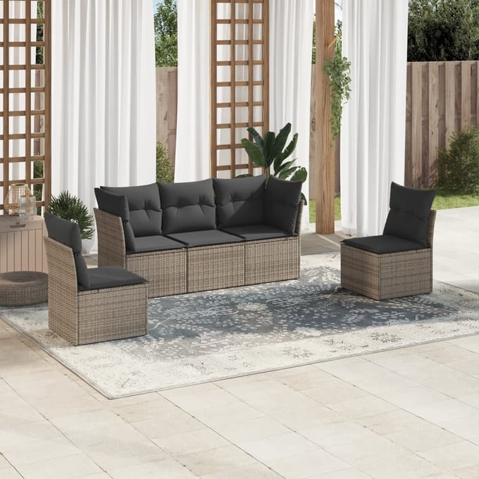 vidaXL - 5-delige - Loungeset - met - kussens - poly - rattan - grijs