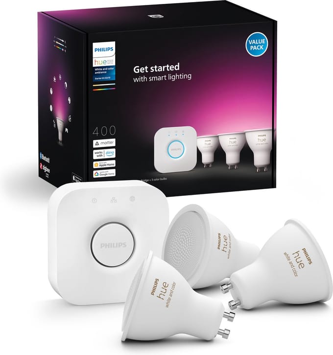 Philips Hue GU10 3-pack + Bridge Starter Kit - White & color ambience