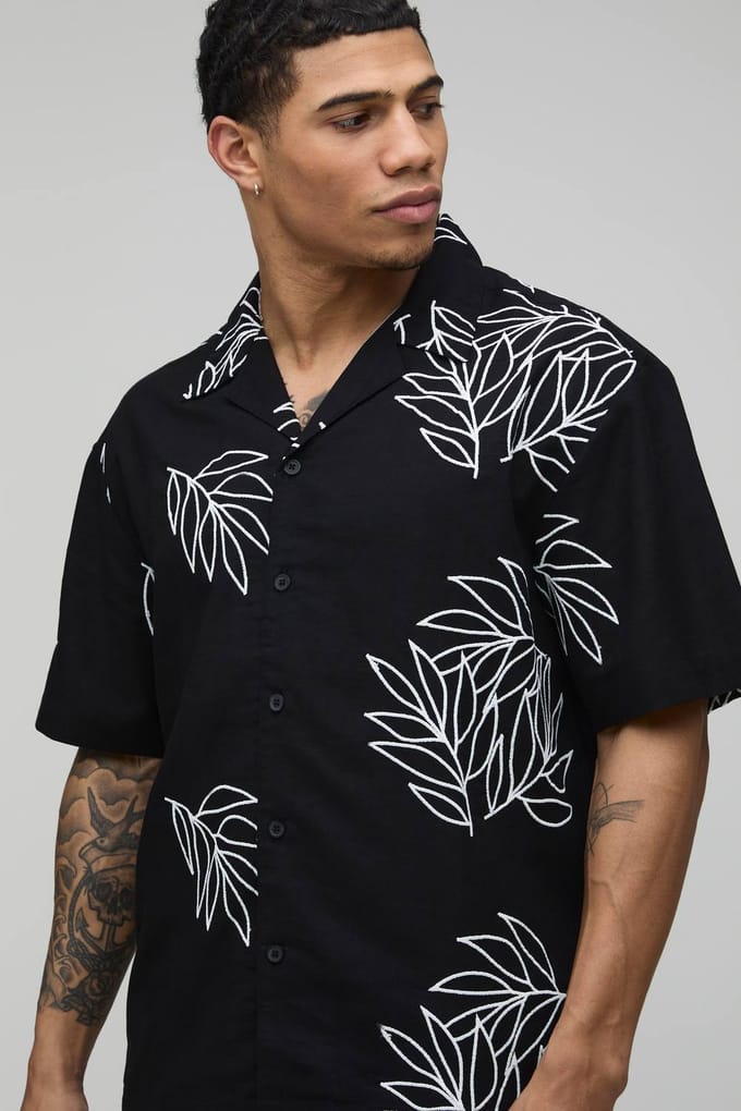 Oversized Linnen Shirt Met Palmboom Borduursel & Relaxed Short Set | Black | Size Small