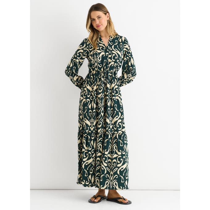 Groene Ikat Maxi jurk met strikbandprint