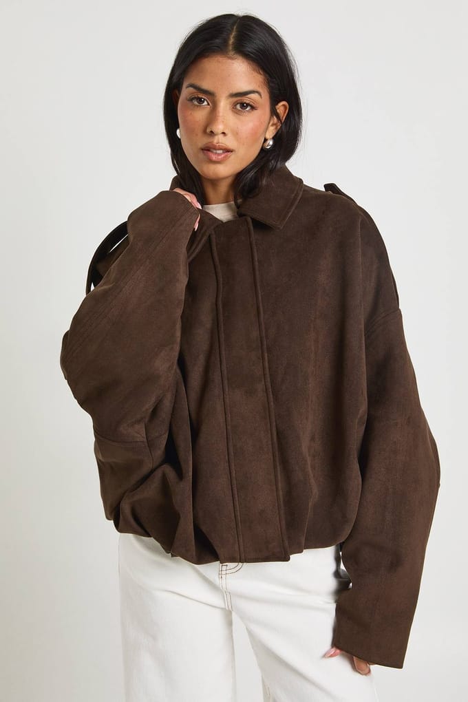 boohoo Dames Suede Bubble Zoom Bomber Jacket | Chocoladebruin | Maat: 42